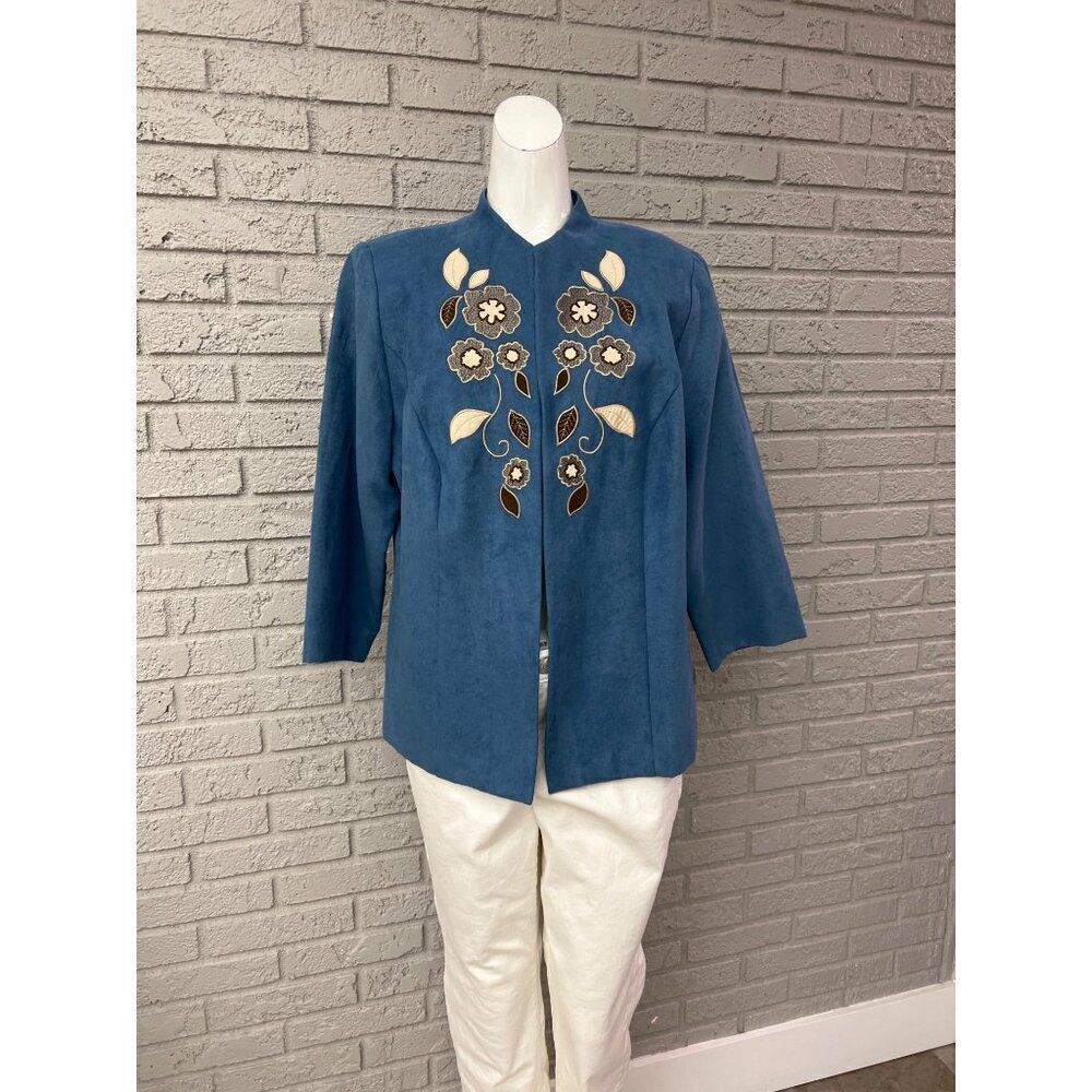 Dressbarn Women Blue Faux Suede Appliqué Jacket Size 1X >3